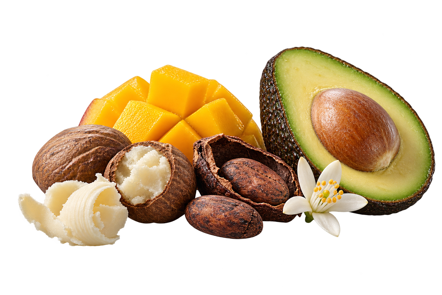 Karité, cacao, mangue, avocat et fleur d’oranger, présents dans la composition.
