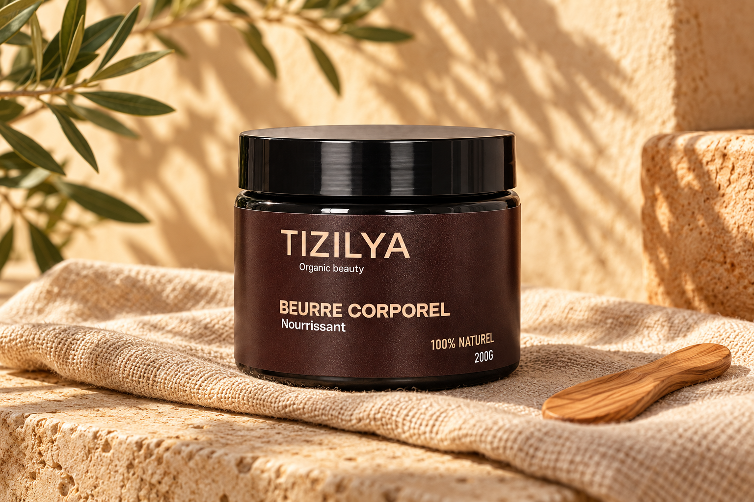 Beurre Corporel TIZILYA, sur du lin dans une lumière chaude.