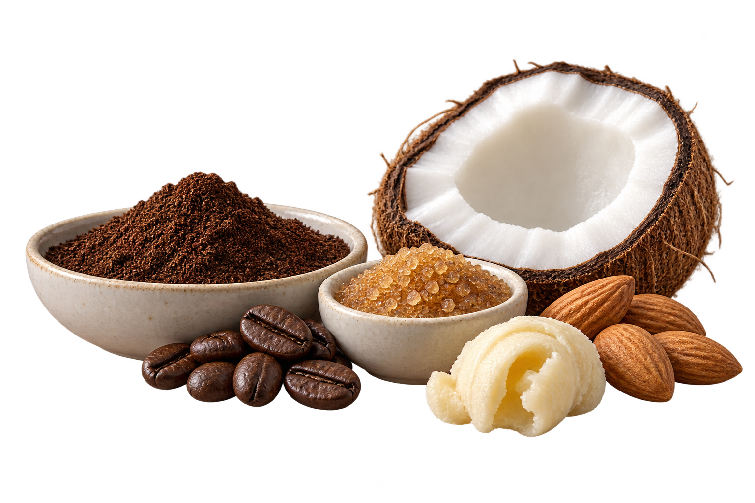 Café, sucre brun, coco, amande douce et karité.