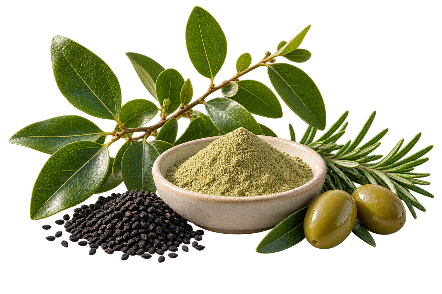 Feuilles et poudre de jujube, nigelle, romarin et olive.