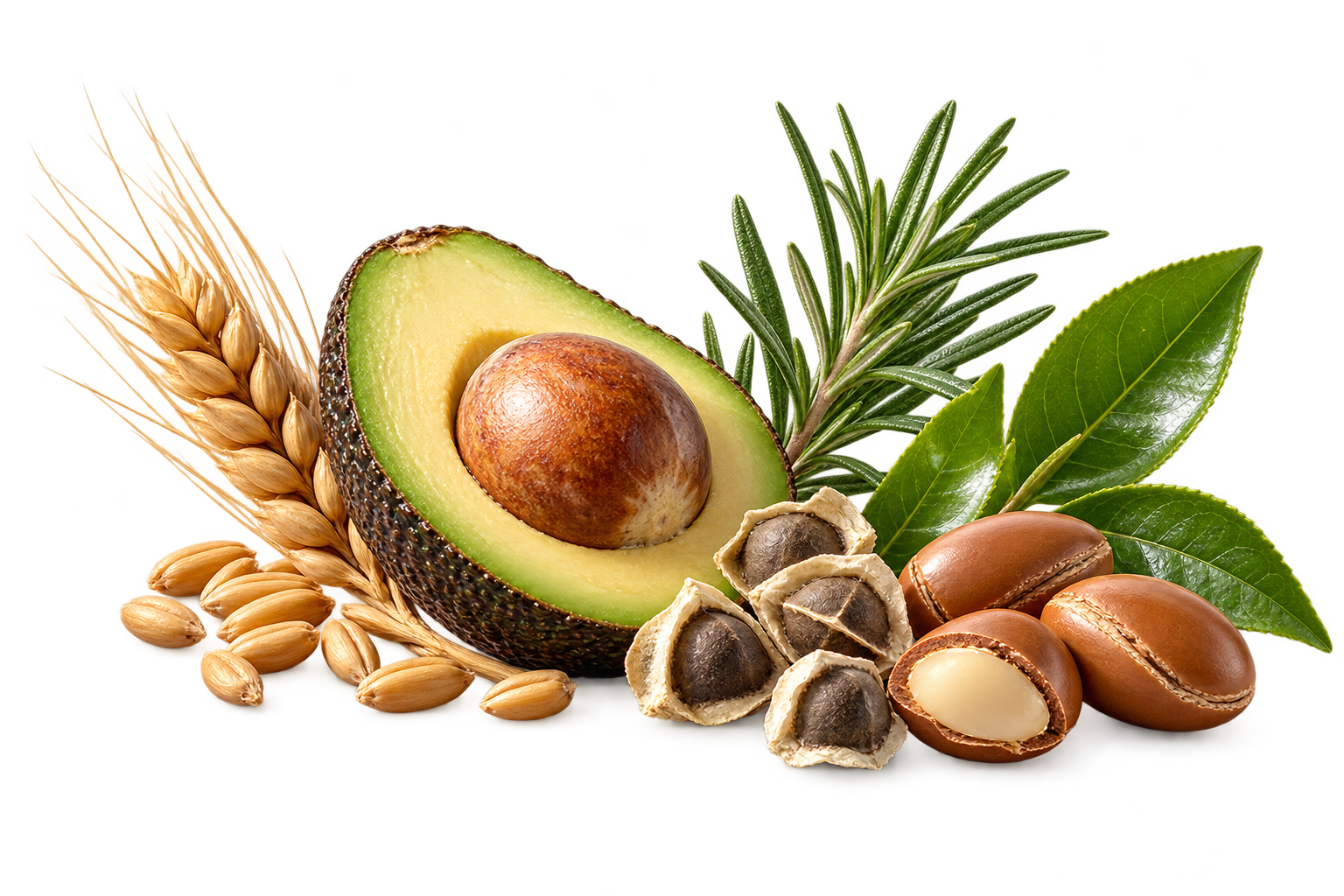 Blé, avocat, moringa, romarin, thé vert et argan, issus de la liste INCI.